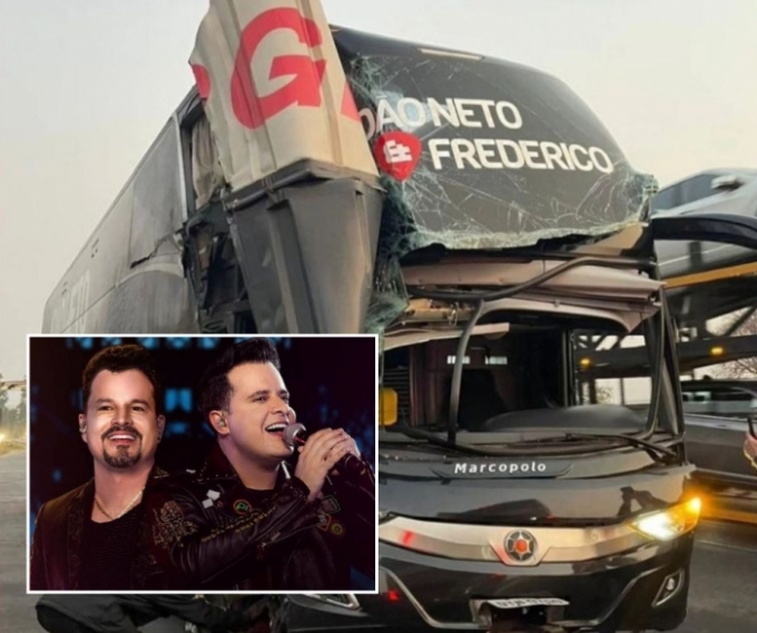 Ônibus da dupla sertaneja João Neto e Frederico se envolve em acidente com carreta