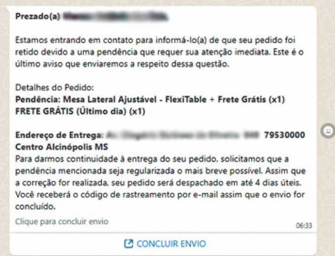 Atenção: Golpe da confirmação de compra pelo WhatsApp em Alcinópolis.