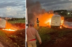 Van pega fogo na BR-163 em São Gabriel do Oeste; Incêndio destrói parte do veículo